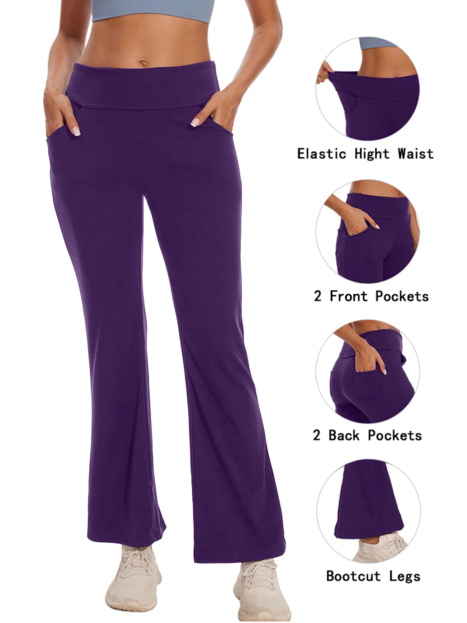Womens Bootcut Yoga Pants with Pockets Flare Workout Legging High Waist Lightweight Bottoms Activewear Purple 3XL