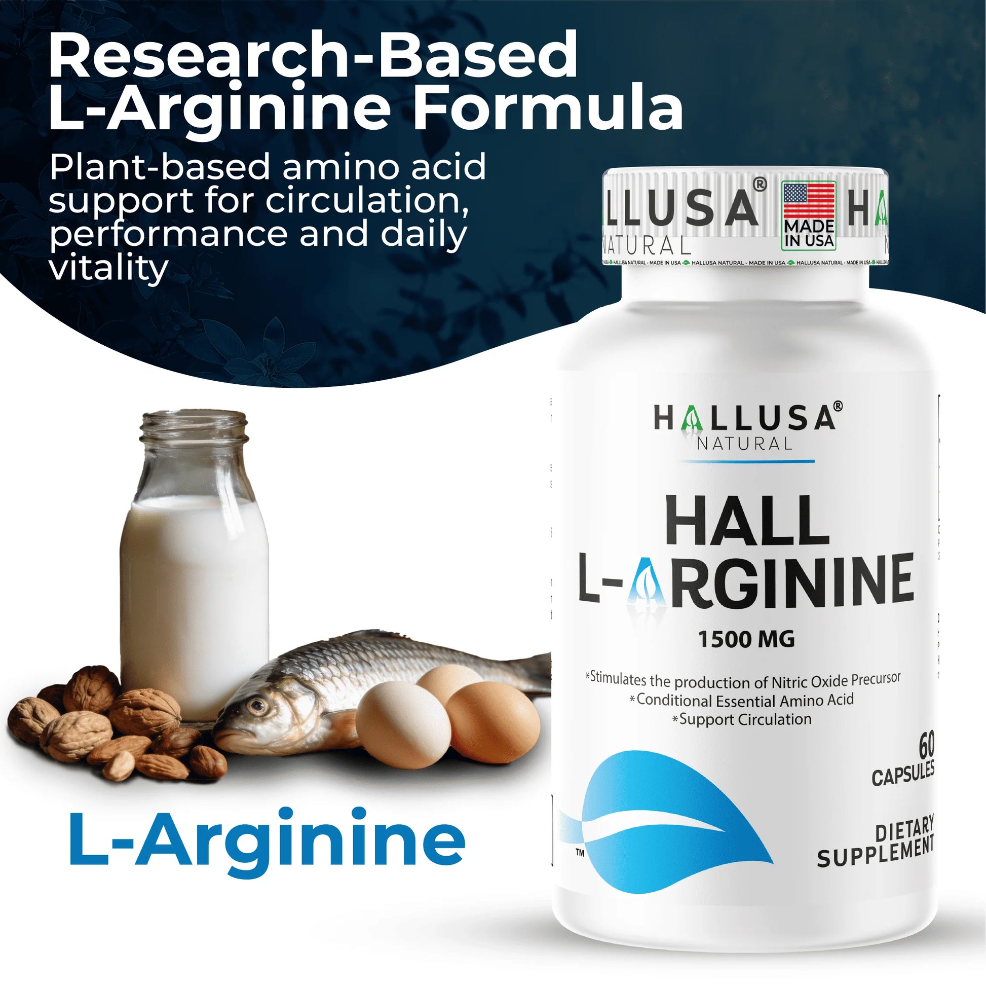 L-Arginine 1500 Mg, 60 Capsules, Nitric Oxide Support, Blood Flow & Circulation Support, Pre Workout & Performance Formula