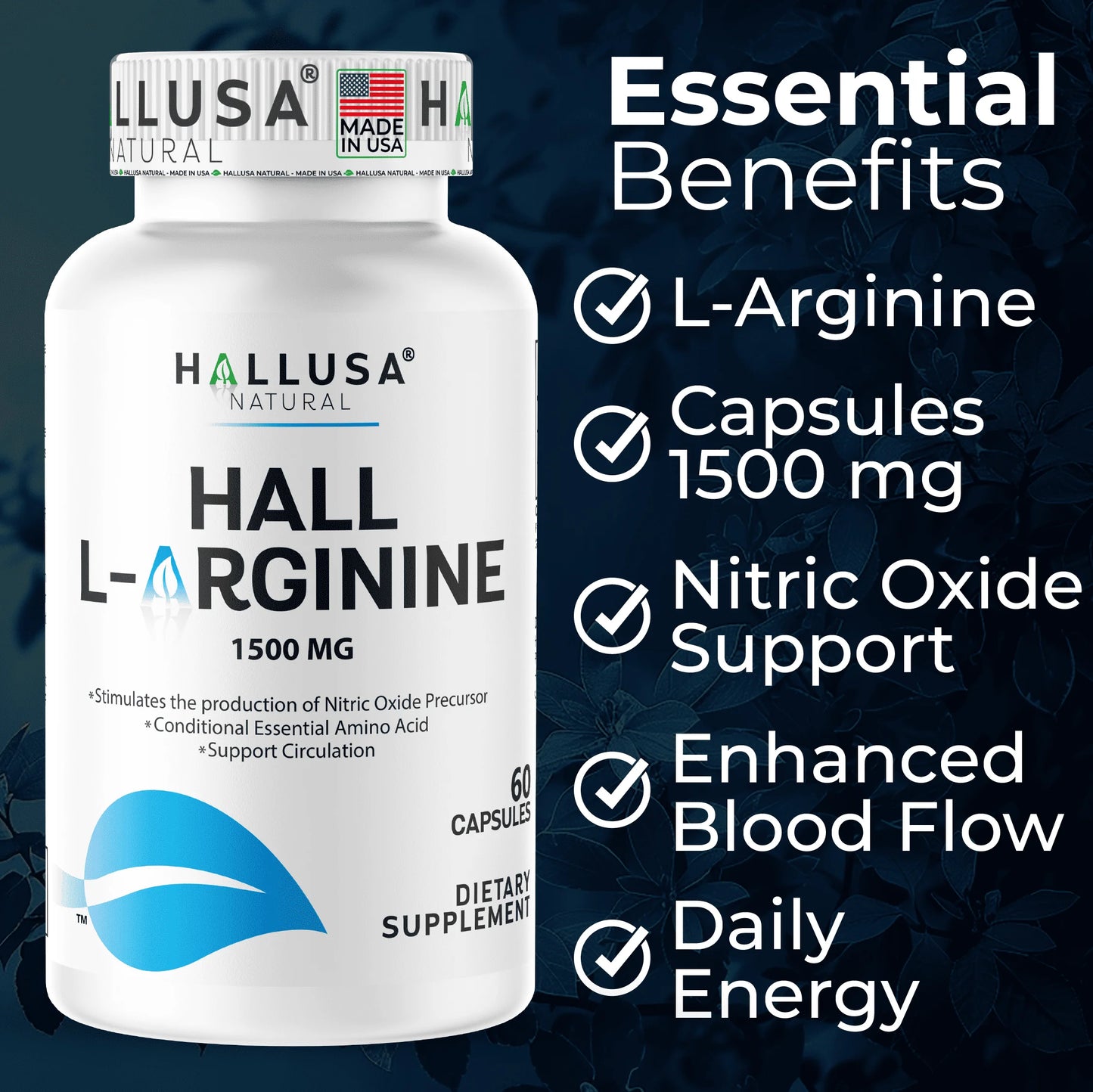 L-Arginine 1500 Mg, 60 Capsules, Nitric Oxide Support, Blood Flow & Circulation Support, Pre Workout & Performance Formula