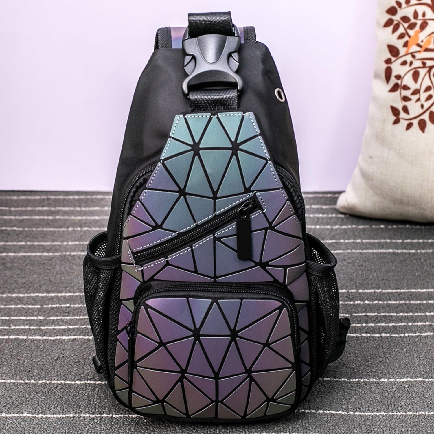 Geometric Backpack Luminous Holographic Purse Color Changes Flash Reflective Bag for Cycling Fashion Sling Bag for Women(Prism)