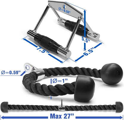 Cable Machine Attachment, Row Handles, Tricep Rope, Straight Bar, V Bar, LAT Pulldown Accessories Load 880 LB for Home Gym