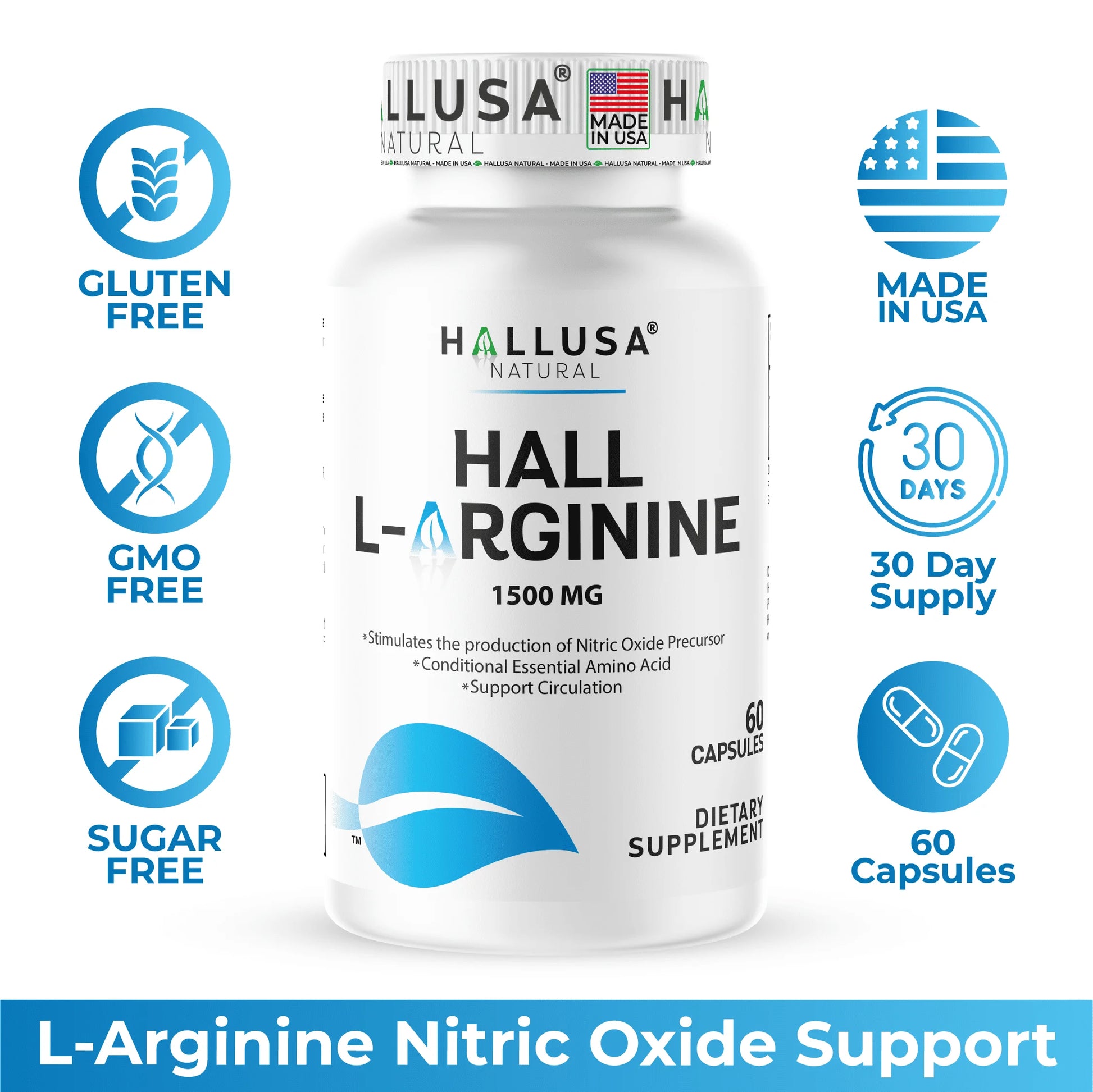 L-Arginine 1500 Mg, 60 Capsules, Nitric Oxide Support, Blood Flow & Circulation Support, Pre Workout & Performance Formula